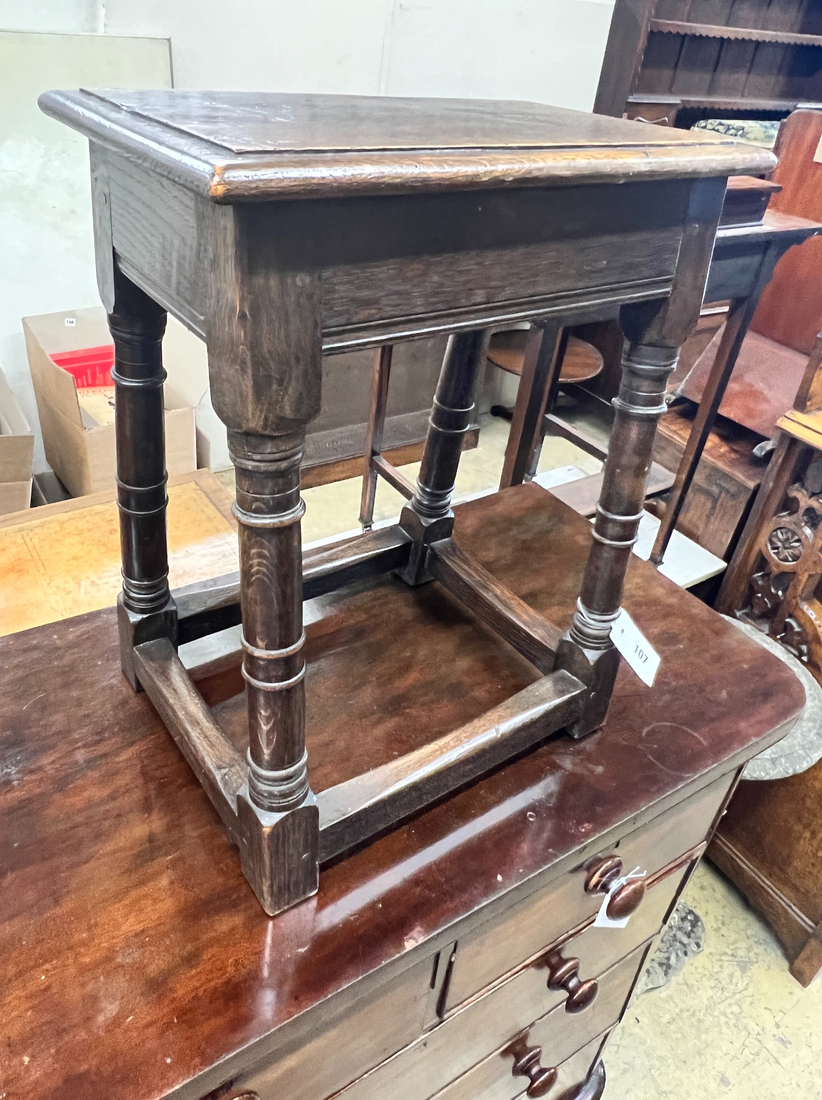 A 17th century style oak joint stool, width 44cm, depth 26cm, height 54cm